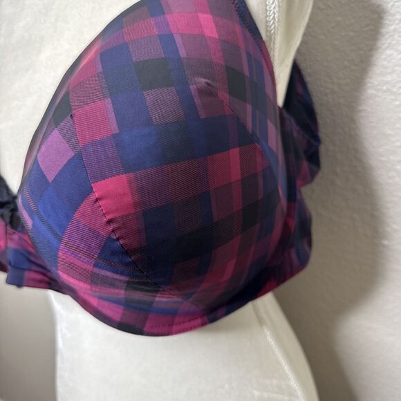 Torrid Curve Full Coverage Bra Blue Red Plaid Check Size 48 DDD Underwire Molded - Picture 2 of 11